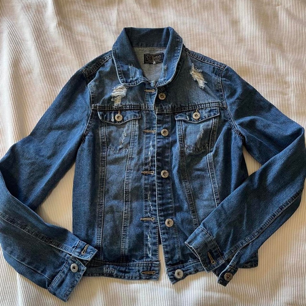 Juniors Ci Sono Denim Collection Distressed Blue Jean Jacket  Distressed